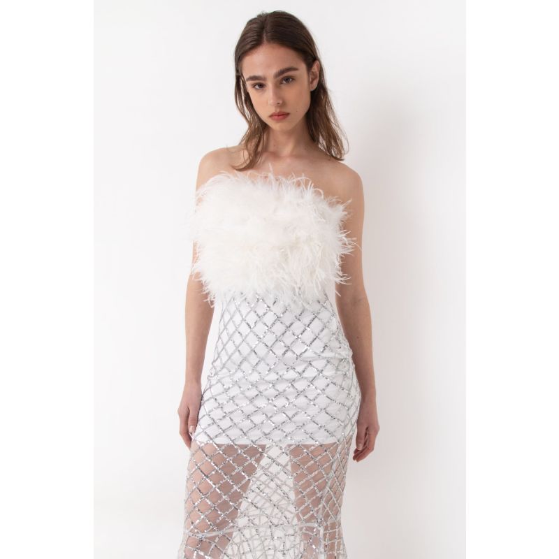 Hollywood White Sequin & Faux Feather Midi Dress image