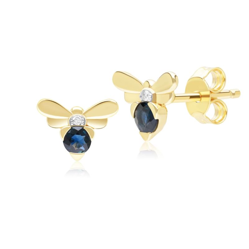 Honeycomb Inspired Blue Sapphire & Diamond Bee Stud Earrings In Yellow Gold image