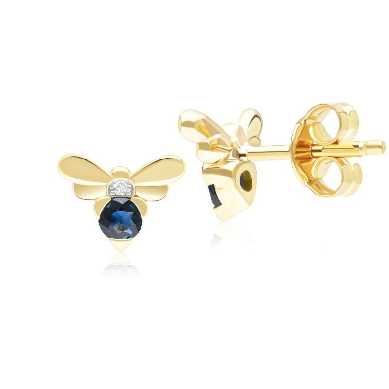 Honeycomb Inspired Blue Sapphire & Diamond Bee Stud Earrings In Yellow Gold image