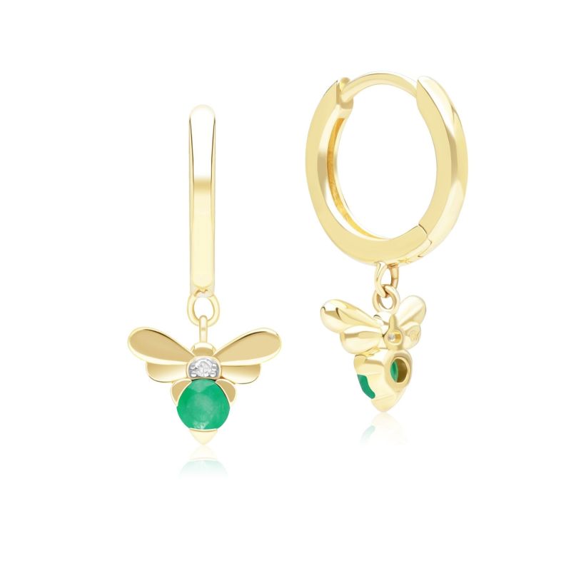 Honeycomb Inspired Emerald & Diamond Bee Hoop Earrings In Yellow Gold image