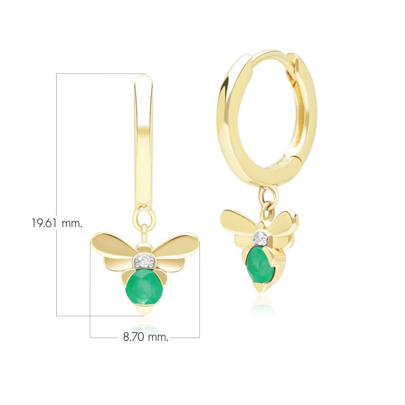 Honeycomb Inspired Emerald & Diamond Bee Hoop Earrings In Yellow Gold image