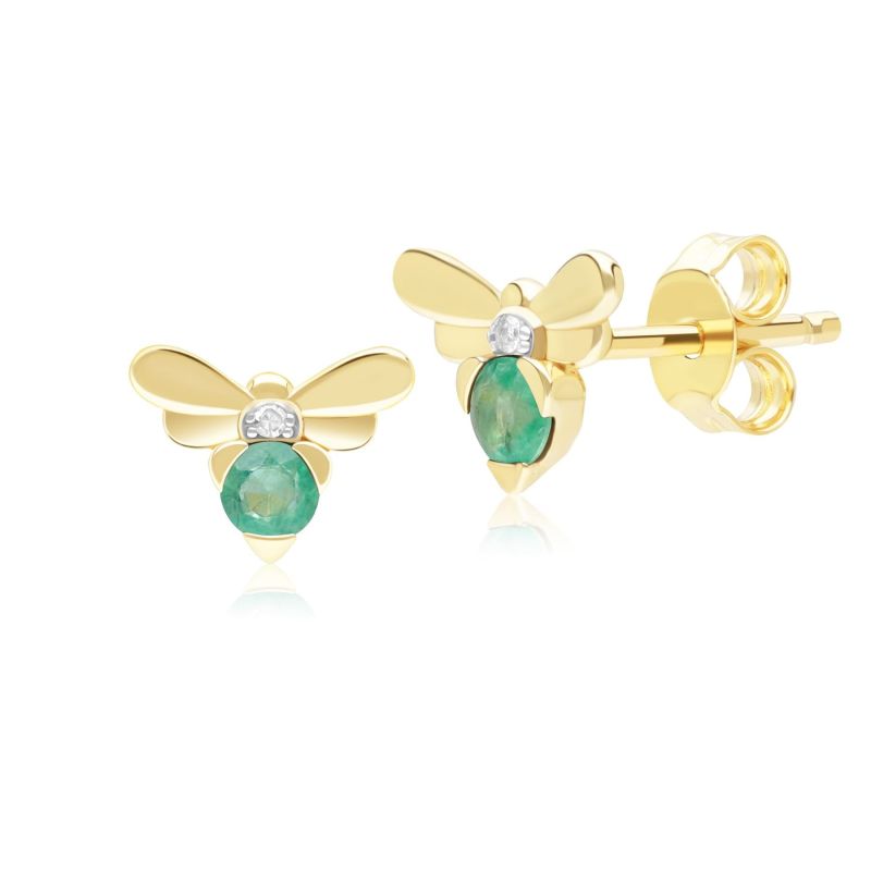 Honeycomb Inspired Emerald & Diamond Bee Stud Earrings In Yellow Gold image