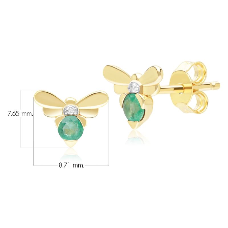 Honeycomb Inspired Emerald & Diamond Bee Stud Earrings In Yellow Gold image