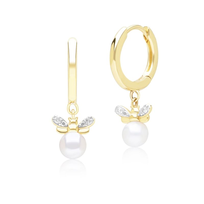 Honeycomb Inspired Pearl & Diamond Bee Hoop Earrings In Yellow Gold image