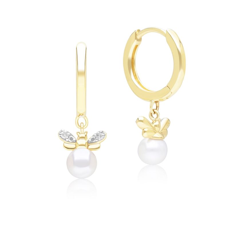 Honeycomb Inspired Pearl & Diamond Bee Hoop Earrings In Yellow Gold image