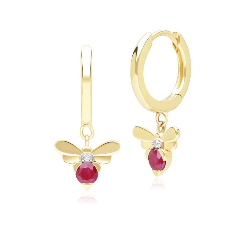 Honeycomb Inspired Ruby & Diamond Bee Hoop Earrings In Yellow Gold image