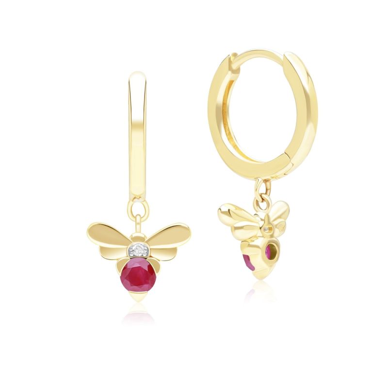 Honeycomb Inspired Ruby & Diamond Bee Hoop Earrings In Yellow Gold image