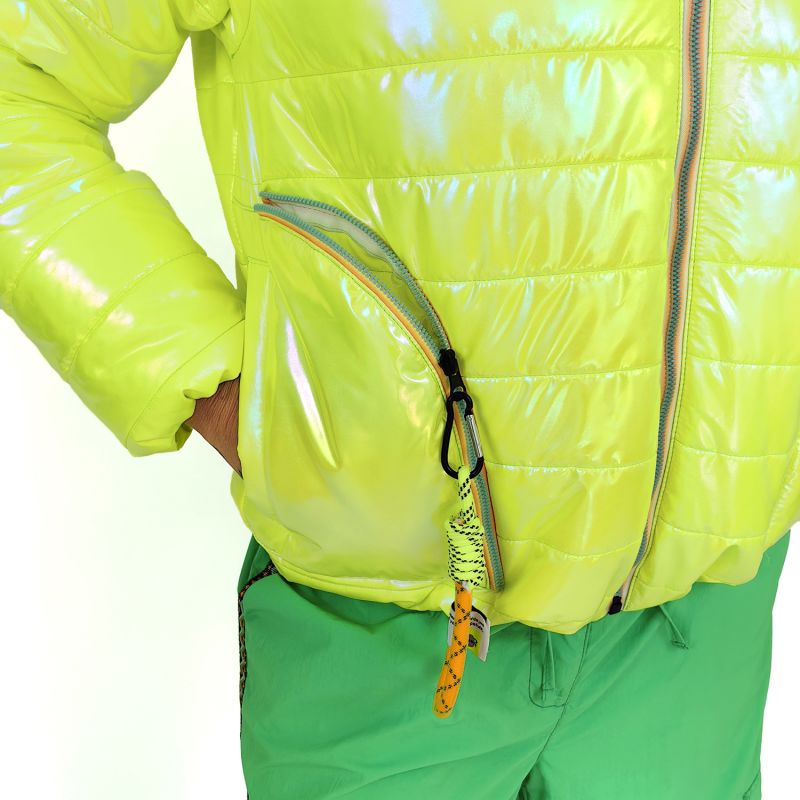 Hooded Metallic Neon Yellow Puffer Coat Lalipop Design Wolf
