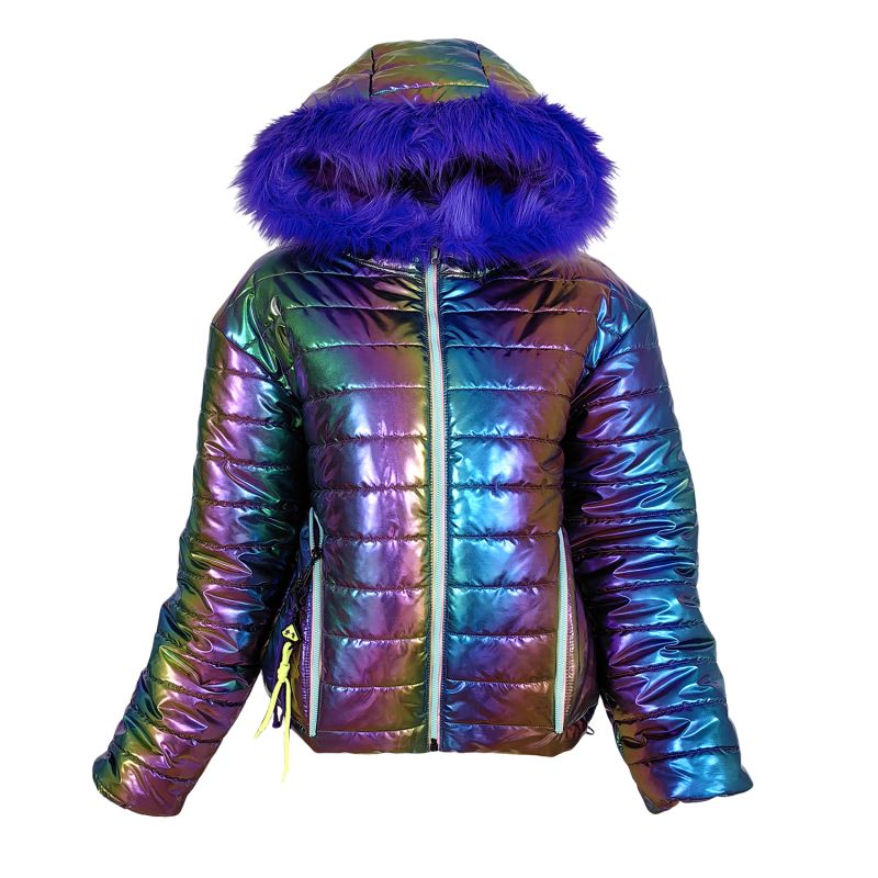 Hooded Metallic Rainbow Colors Puffer Coat Lalipop Design Wolf