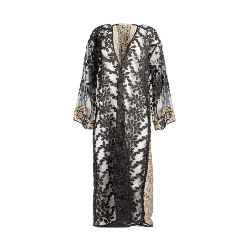 Khaleesi - Golden Baroque Embossed Lace Robe With Embroidered Mesh And Sequin Trim image