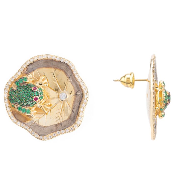 Frog Lily Pad Stud Earrings Gold image