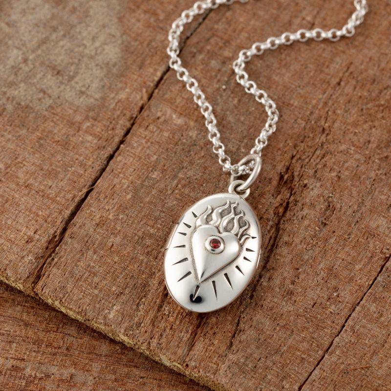 Silver Flaming Heart Locket Necklace image