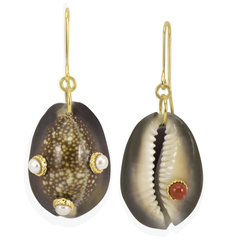 Pearls & Coral Dark Cowrie Shell Earrings image