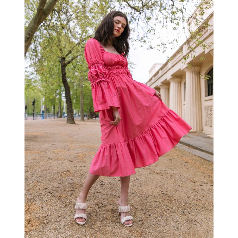 The Cara Square Neck Cotton Midi Dress In Watermelon Pink image