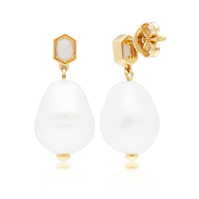 Baroque Pearl & White Opal Drop Earrings In Yellow Gold Plated Silver image