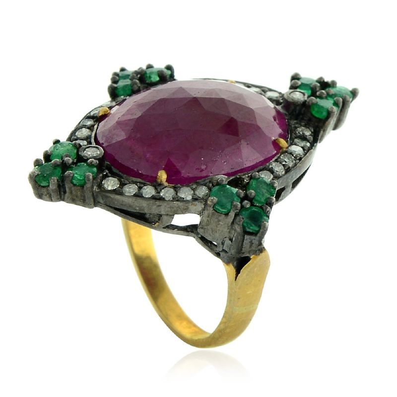 Gold Silver Pave Diamond Ruby Emerald Gemstone Cocktail Ring Handmade image