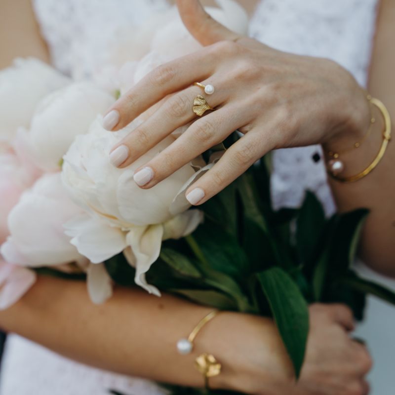 18K Gold Vermeil Ginkgo And Pearl Ring image