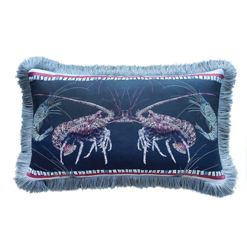 Lobster And Prawn Mosaic Silk Cushion - Navy image