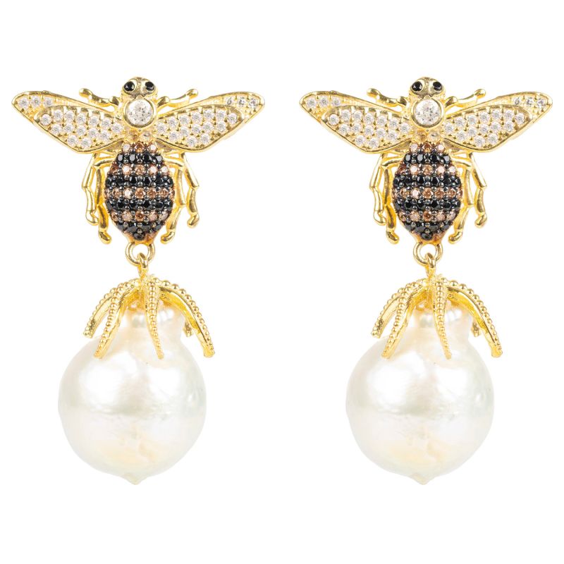 Baroque Pearl Honey Bee Drop Earrings Gold image