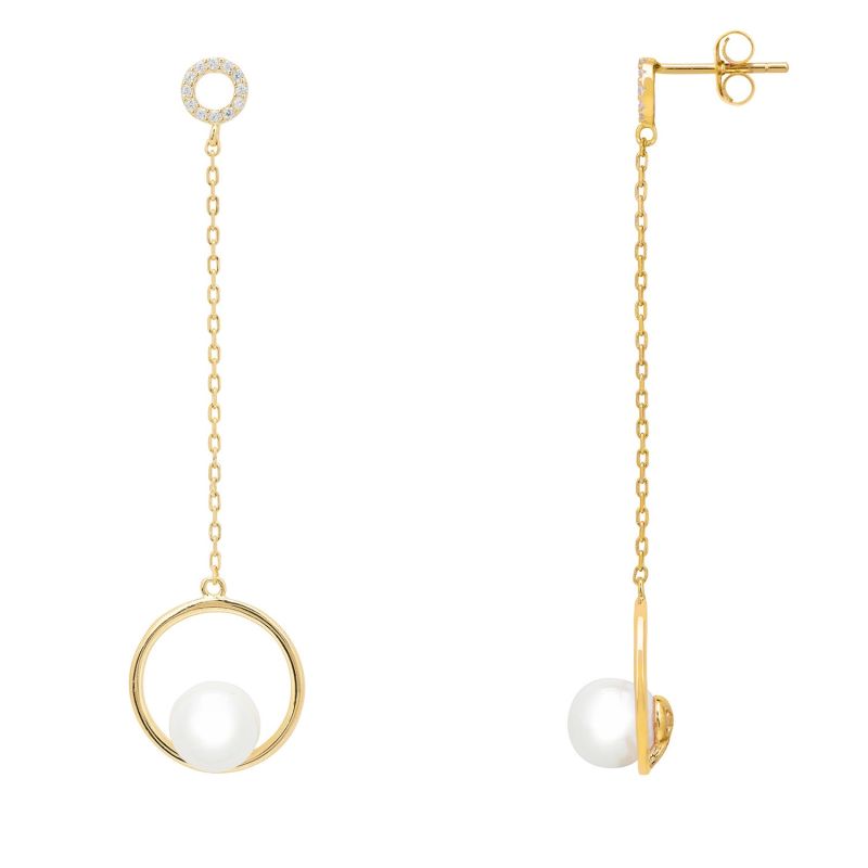 Pearl In Halo Long Chain Drop Earrings Gold image