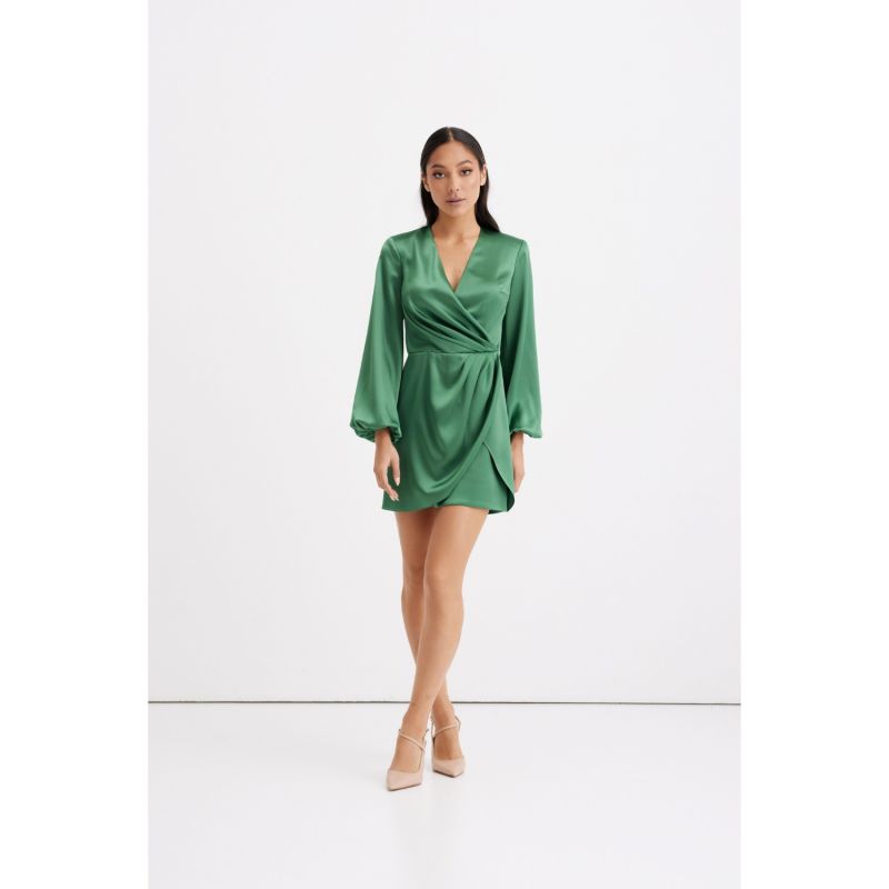 Paris Green Satin Long Sleeve Draped Mini Dress image