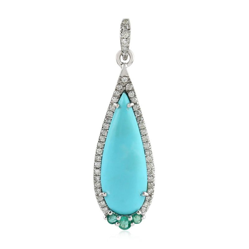 18K White Gold Pave Diamond Pear Pendant Emerald Turquoise Gemstone Jewelry image