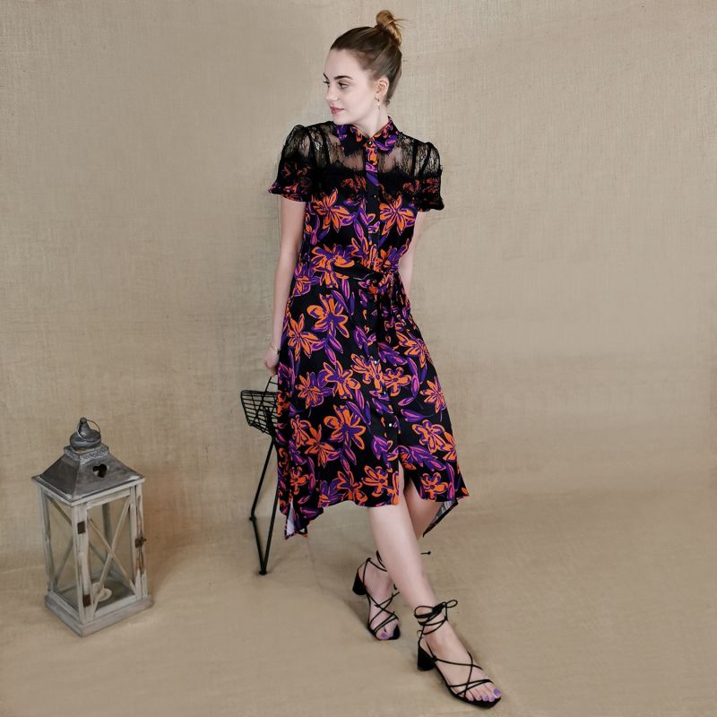 Floral Shirt Dress With Black Lace image