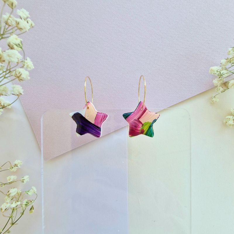 Bright Colourful Abstract Painted Lightweight Clay Star Earrings - Multicolour image
