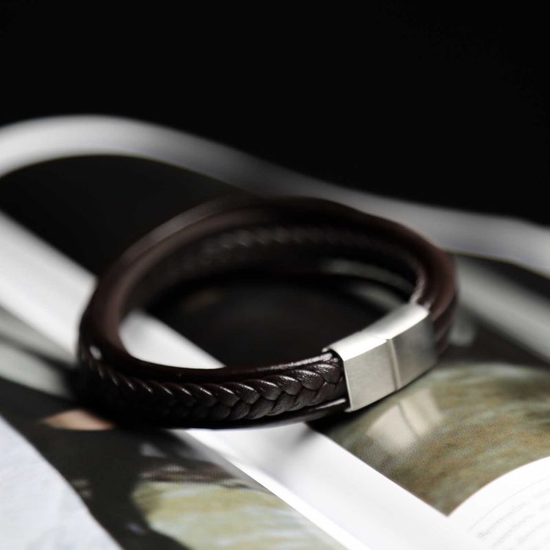 Mens Brown 5 Strap Leather Braided Bracelet With Silver Clasp image