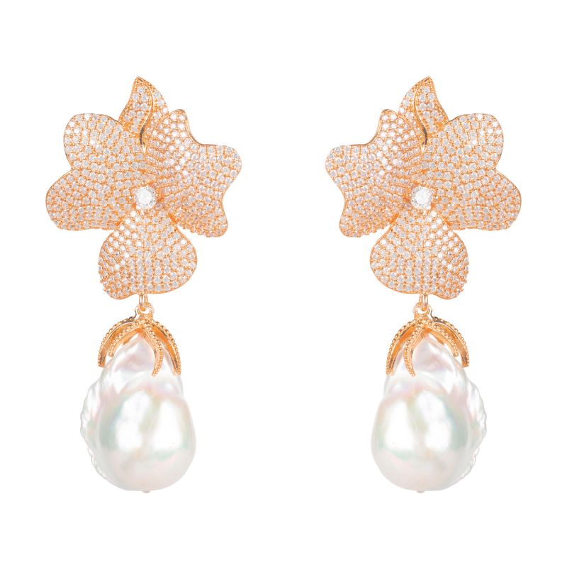 Baroque Pearl White Flower Drop Earrings Rosegold image