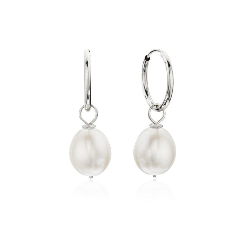 Silver Large Pearl Drop Hoop Earrings image