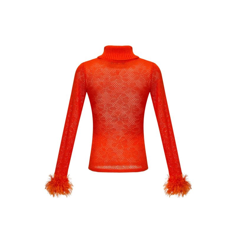 Orange Knit Turtleneck With Handmade Knit Details image