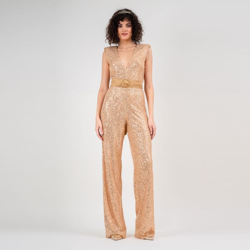 Sequin Gold Jumpsuit With Padded Shoulders image