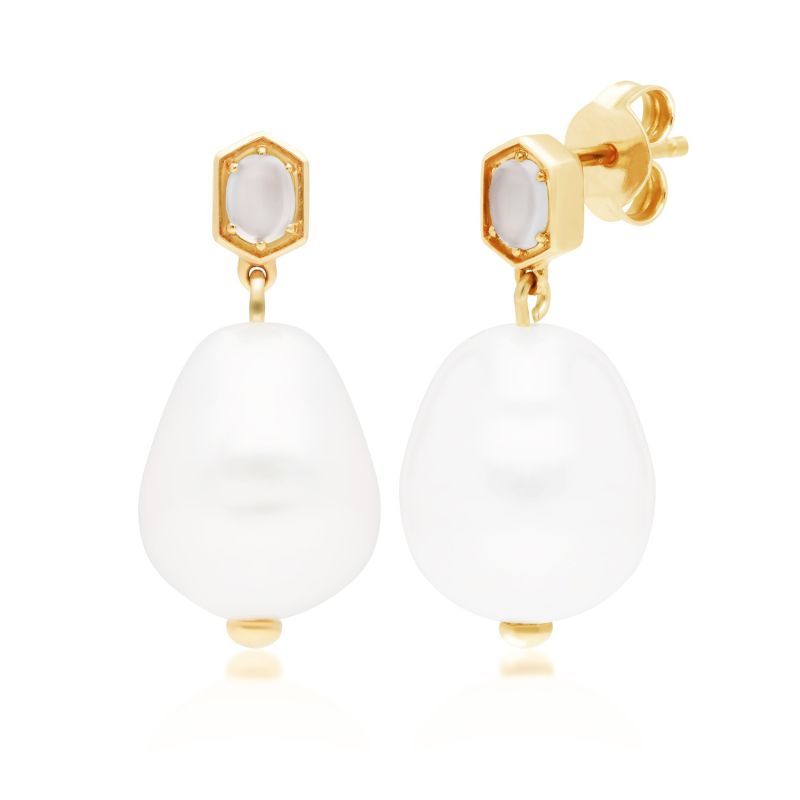 Baroque Pearl & Moonstone Earrings In Yellow Gold Plated Silver image