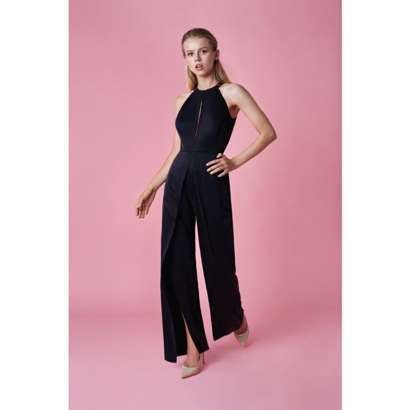 Dona Black Halter Neck Front Cut Out Jumpsuit With Split Leg image