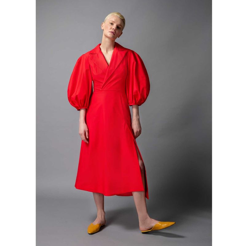 Wide Lapel Asymmetric Cotton Dress - Red image