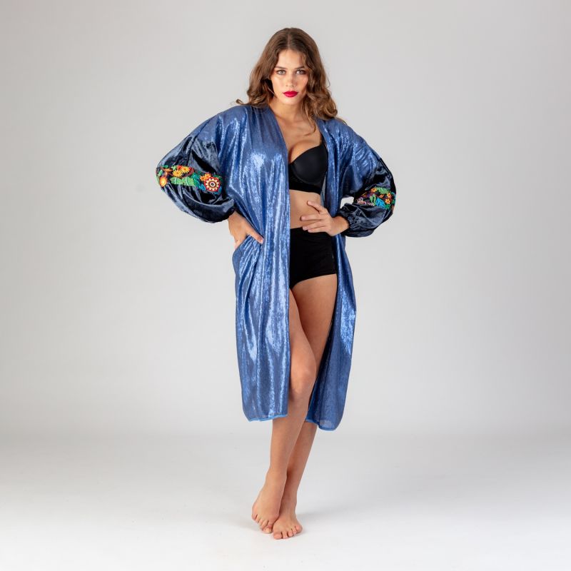 Venus - Ocean Blue Sequin Robe With Velvet Sleeves and Bohemian Braid image