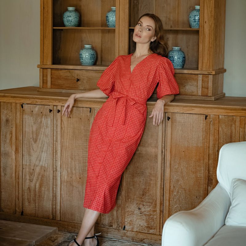 Meghan Gingham Hemp Midi Dress, In Scarlet Red image