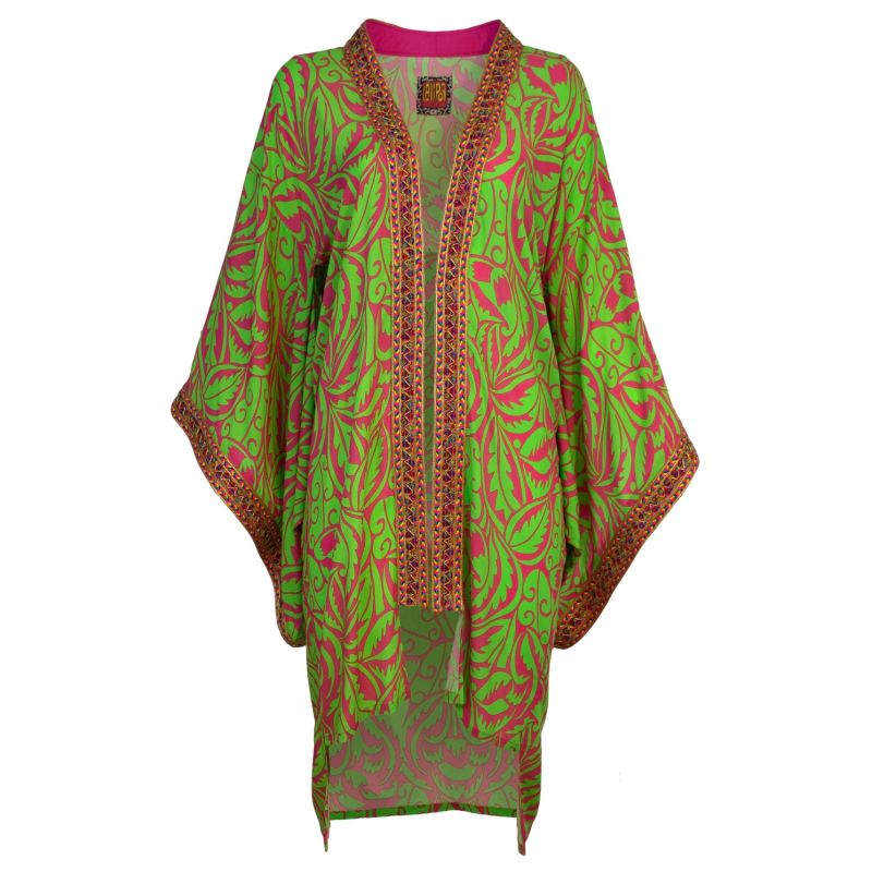 Green Leaf Print Midi Viscose Kimono With Embroidery Borders image