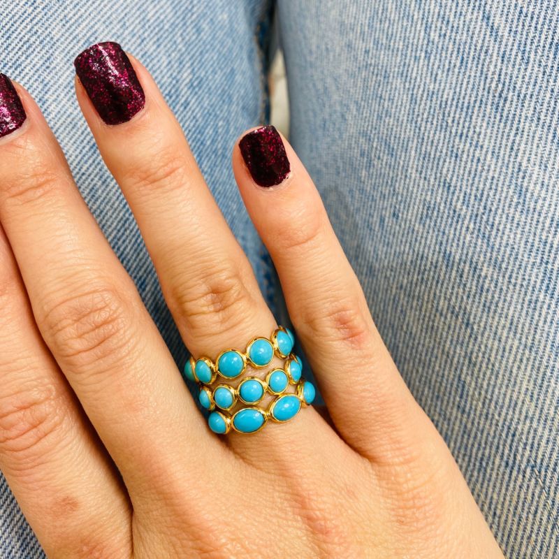 Turquoise Round Stackable Ring With Adjustable Shank In 18K Yellow Gold image