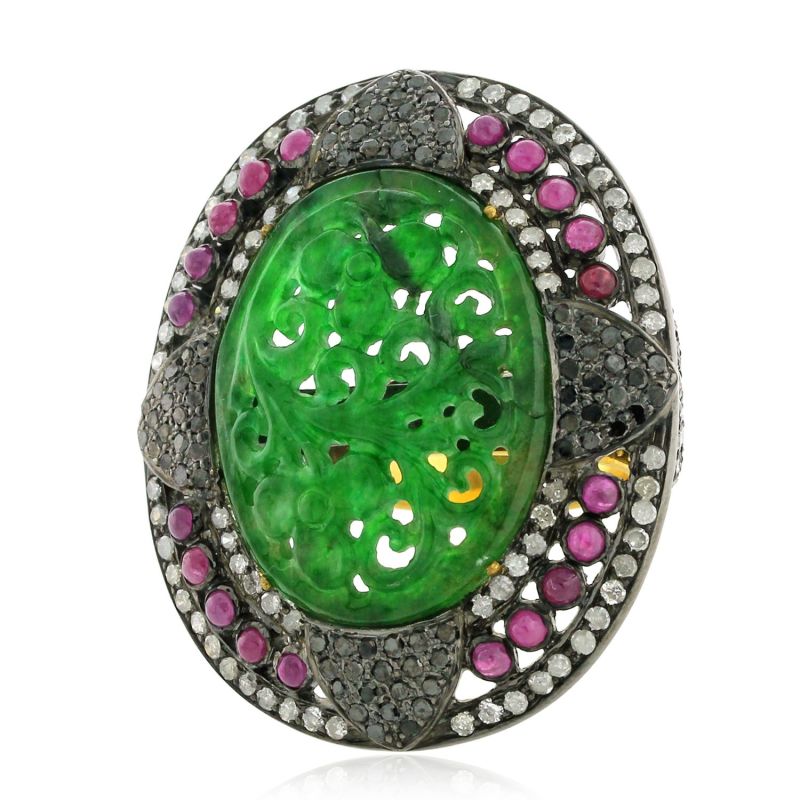 Ruby Carved Gemstone Cocktail Ring Pave Diamond 18K Gold Silver Jewelry image