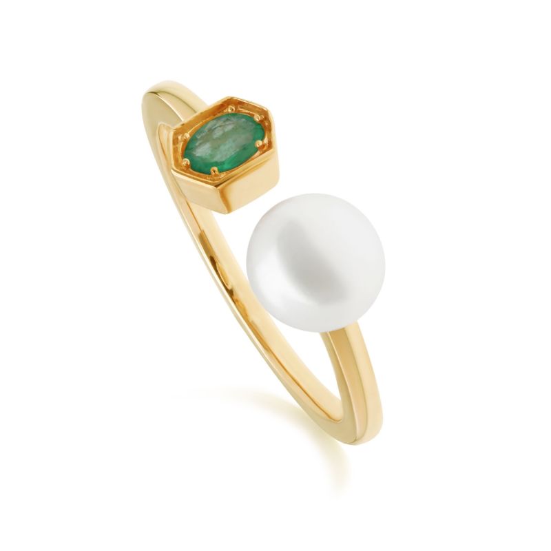 Modern Pearl & Emerald Open Ring In Gold Plated Silver image