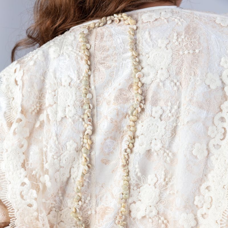 Blossom - Embroidered Brocade Robe With French Lace In Magnolia & White With Shells image