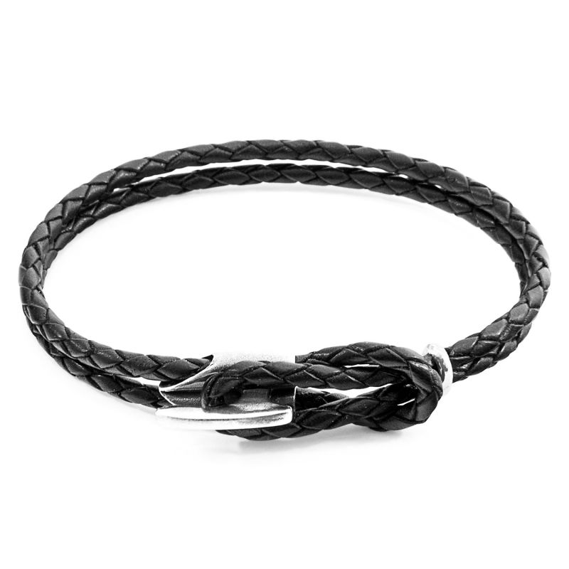 Coal Black Padstow Silver & Braided Leather Bracelet image