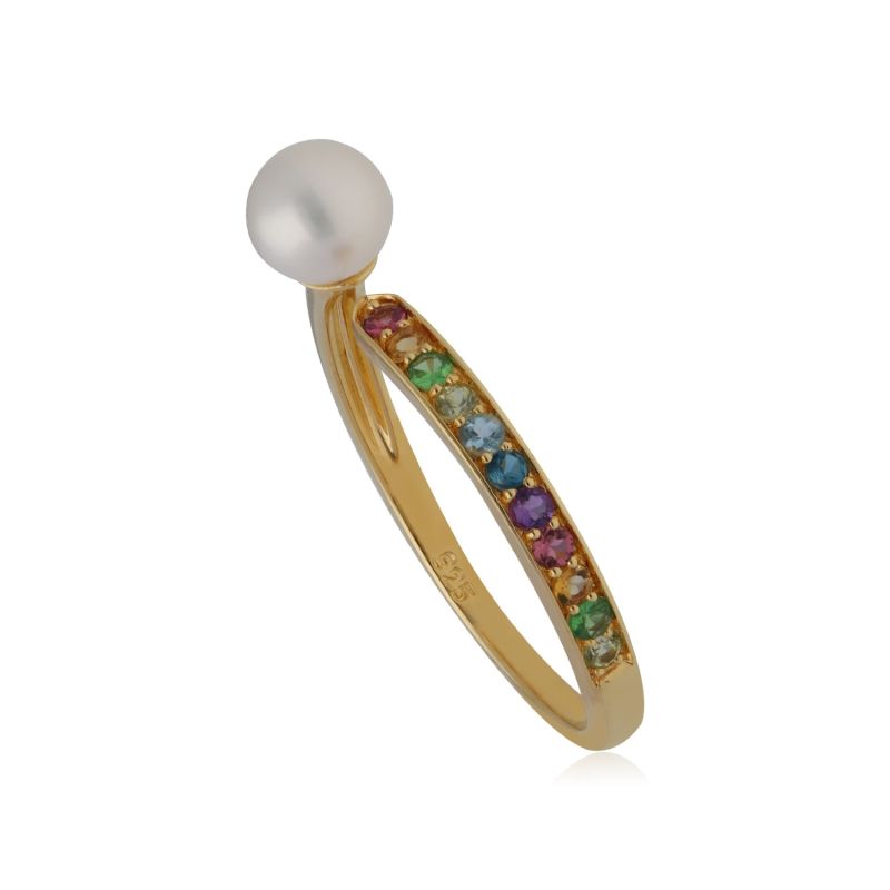 Rainbow Gems & Pearl Open Ring In Yellow Gold Plated Silver image