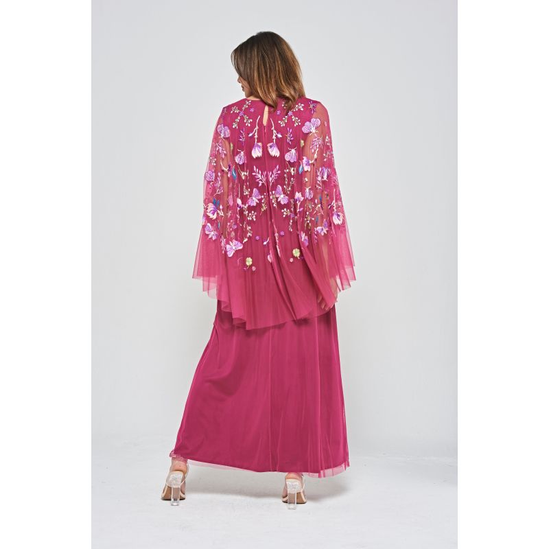 Indra Floral Embroidered Maxi Dress With Cape Sleeves - Purple image
