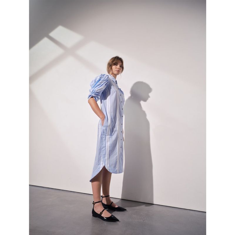 Ines Knot Sleeve Shirt Dress White & Blue Stripe image