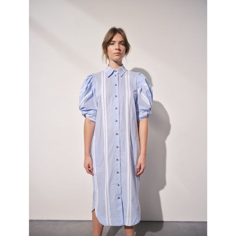 Ines Knot Sleeve Shirt Dress White & Blue Stripe image