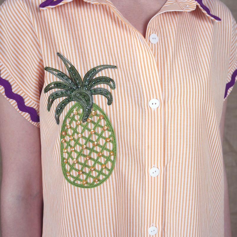 Pinstripe Cotton Shirtdress With Pineapple Embroidery image