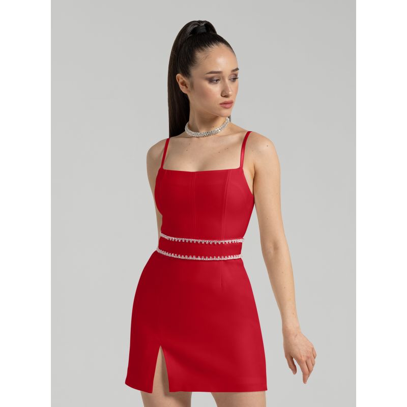 Into You Fitted Mini Dress With Crystal Belt, Fierce Red image